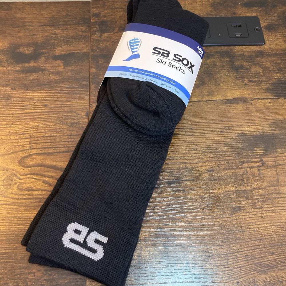 SB SOX Merino Wool Ski Socks Men & Women 2 Pairs Warm Thermal Socks LARGE BLACK